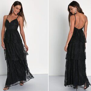 Lulus Tier I Go Black Lace V-neck Sleeveless Tiered Maxi Dress - Size M